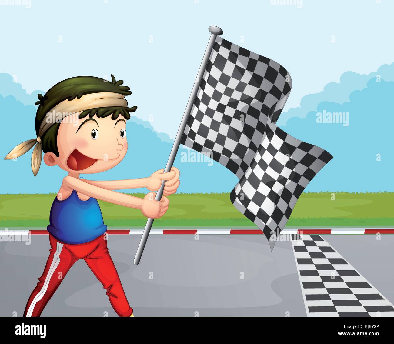 Illustration of a young boy holding a checkered banner Stock Vector