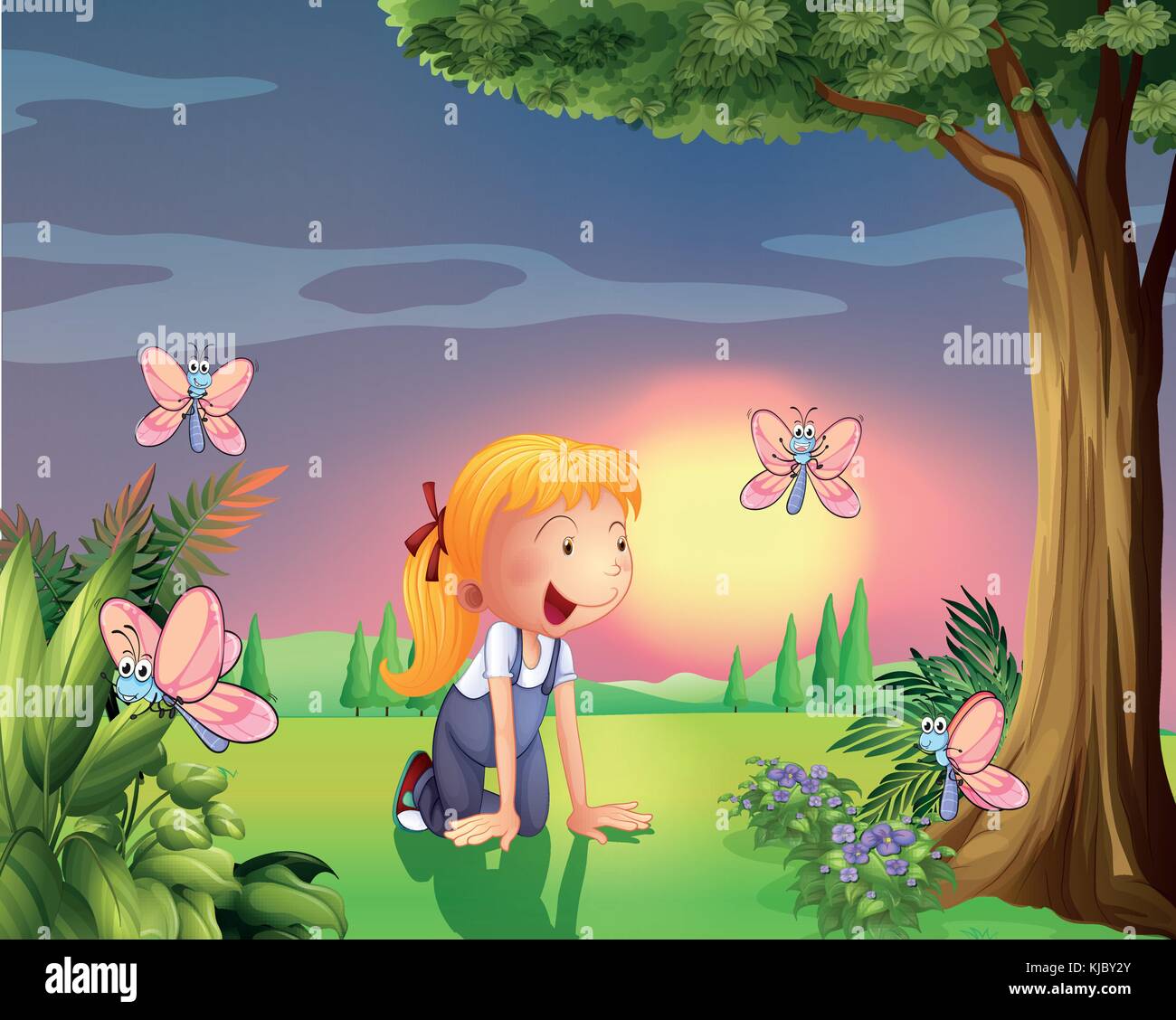 Illustration of a girl in the garden with four butterflies Stock Vector ...