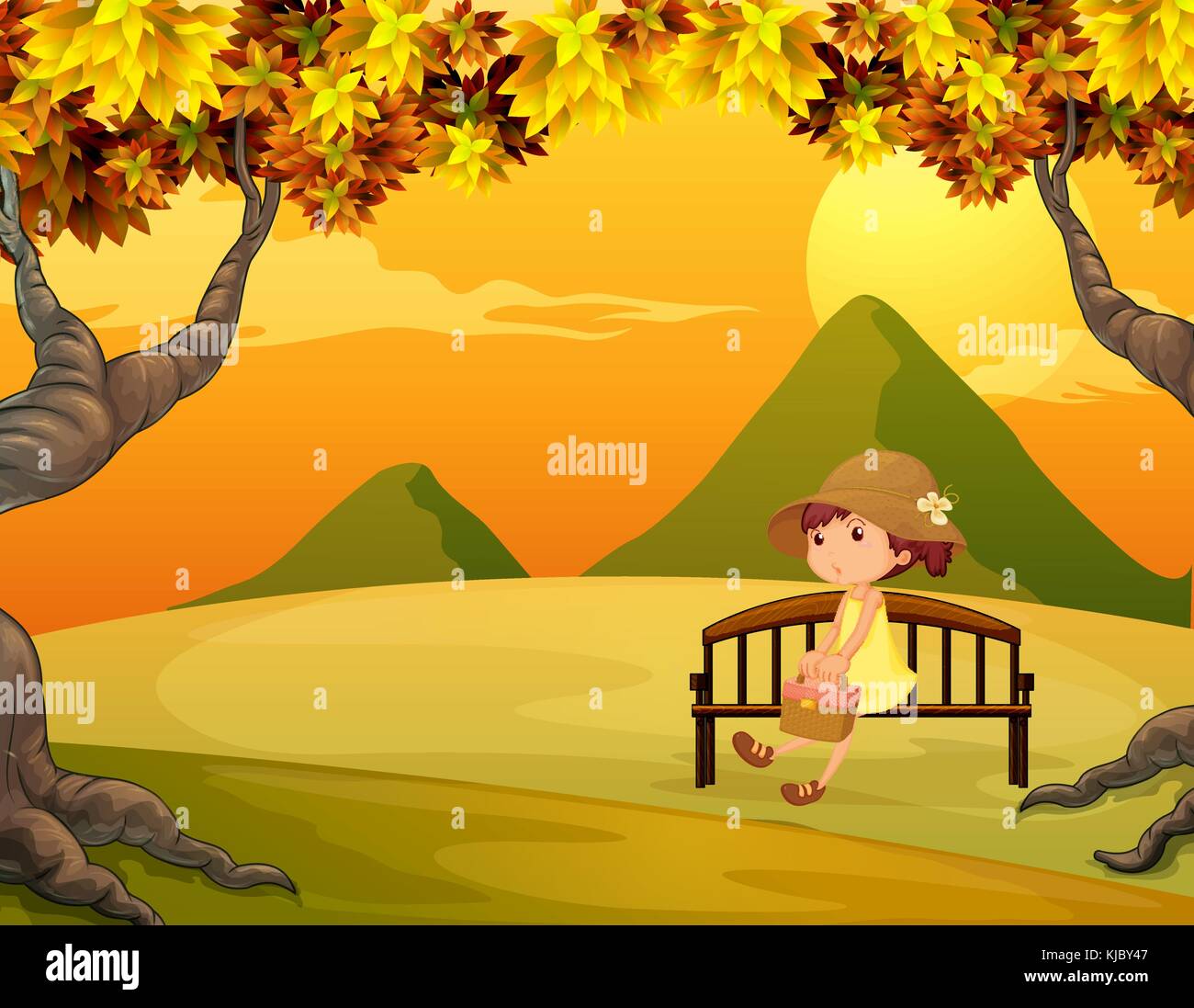 Illustration of a girl at the bench in the park Stock Vector Image ...