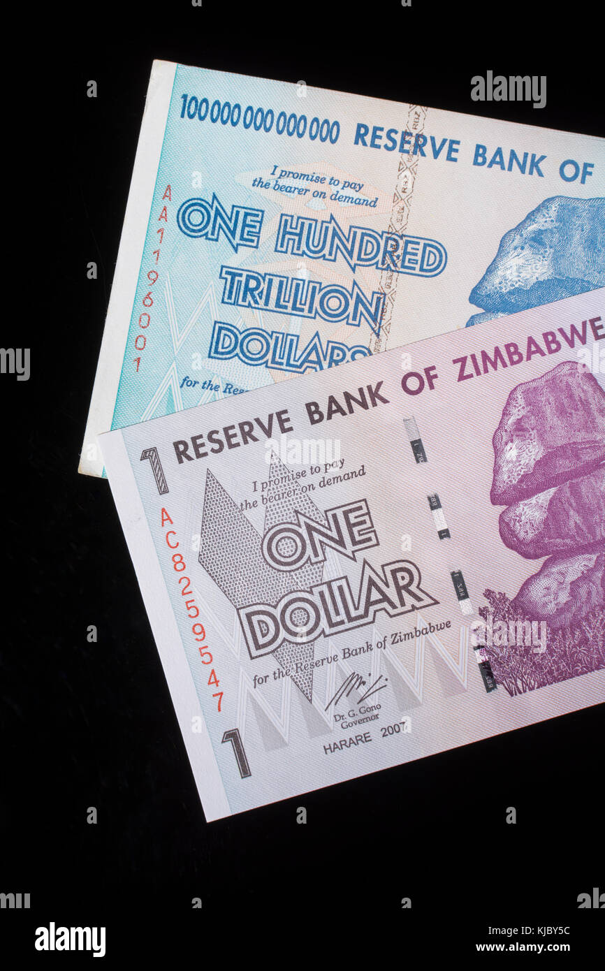 Hyperinflation 100 Trillion Dollar Zimbabwe banknote (2008) & 2007 1