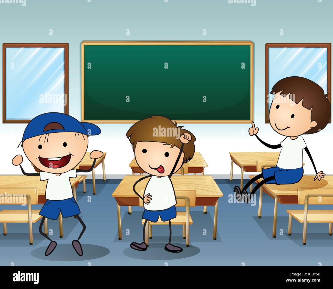 Illustration of the three boys laughing inside the classroom Stock Vector