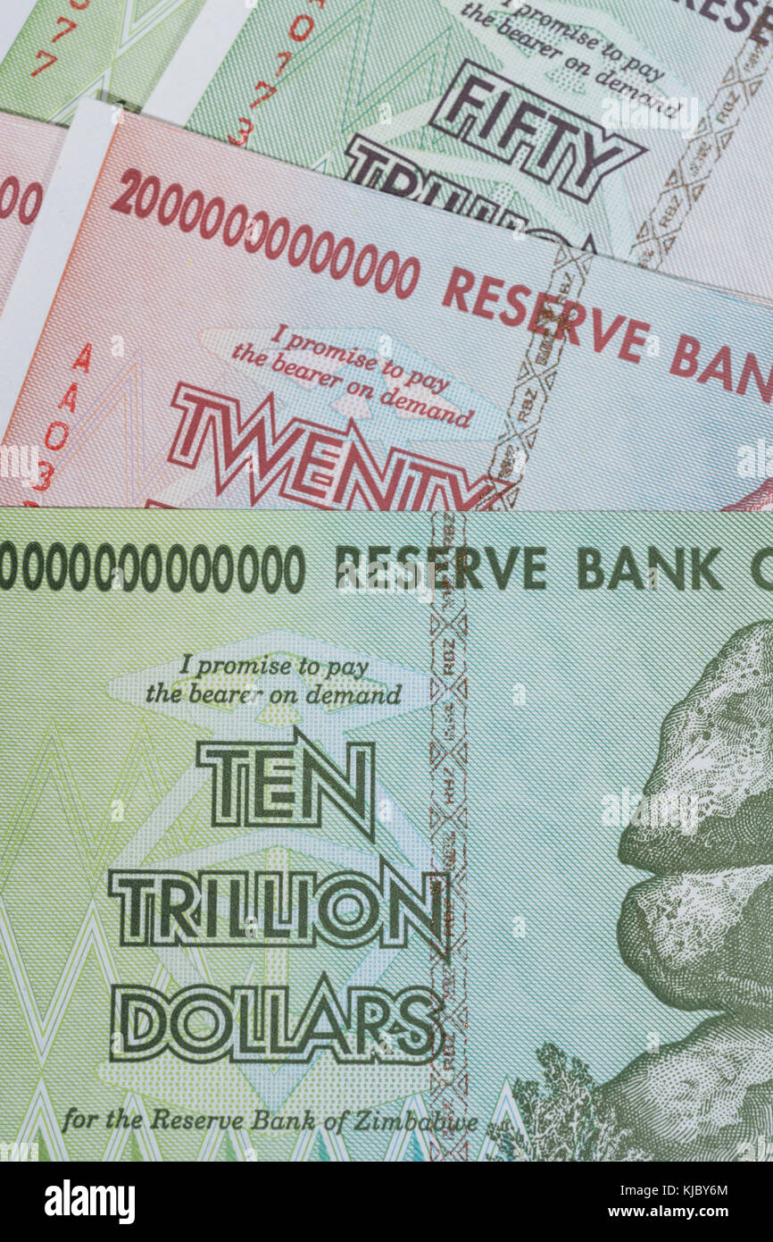 Hyperinflation 10, 20 & 50 trillion Dollar Zimbabwe banknote from