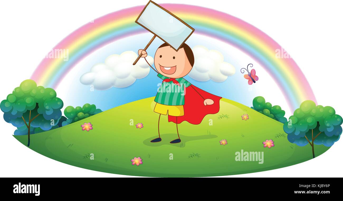 Illustration of a boy holding an empty signboard on a white background ...