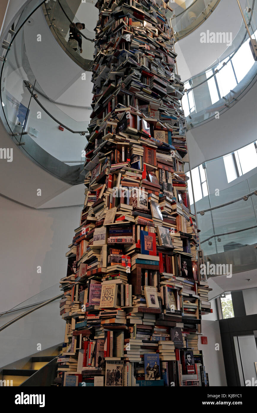 A column of books about President Abraham Lincoln in the Ford's Theatre Center for Education and Leadership, Washington DC, United States. Stock Photo