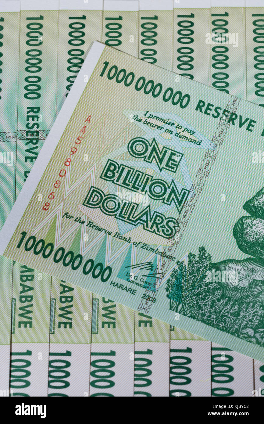 Hyperinflation 1 billion Dollar Zimbabwe banknote from 2008. Metaphor