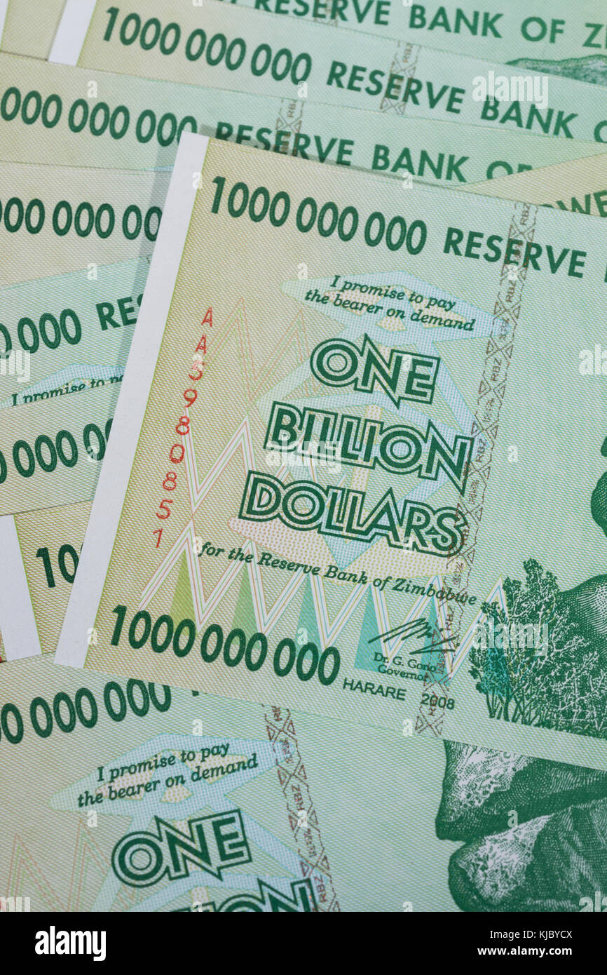 Hyperinflation - 1 billion Dollar Zimbabwe banknote from 2008. Metaphor for hyper inflation, worthless money & Zimbabwe's wrecked economy. Stock Photo