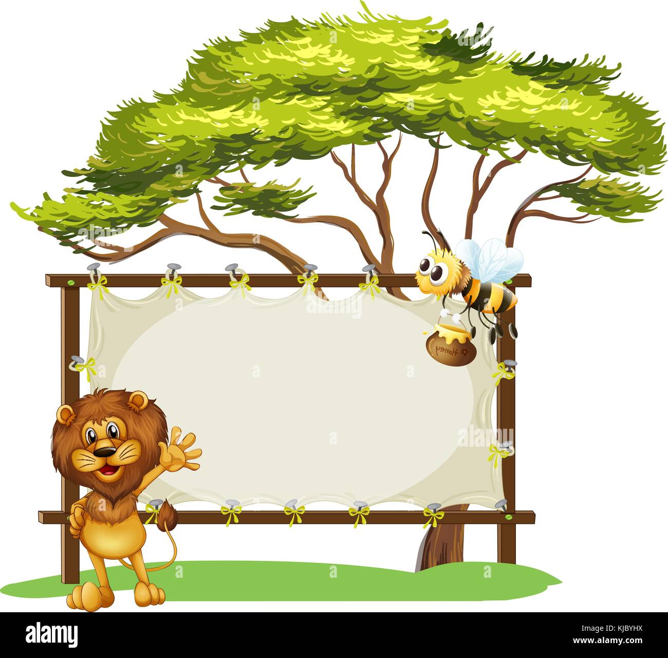 Illustration of a bee and a lion and the empty signage on a white ...
