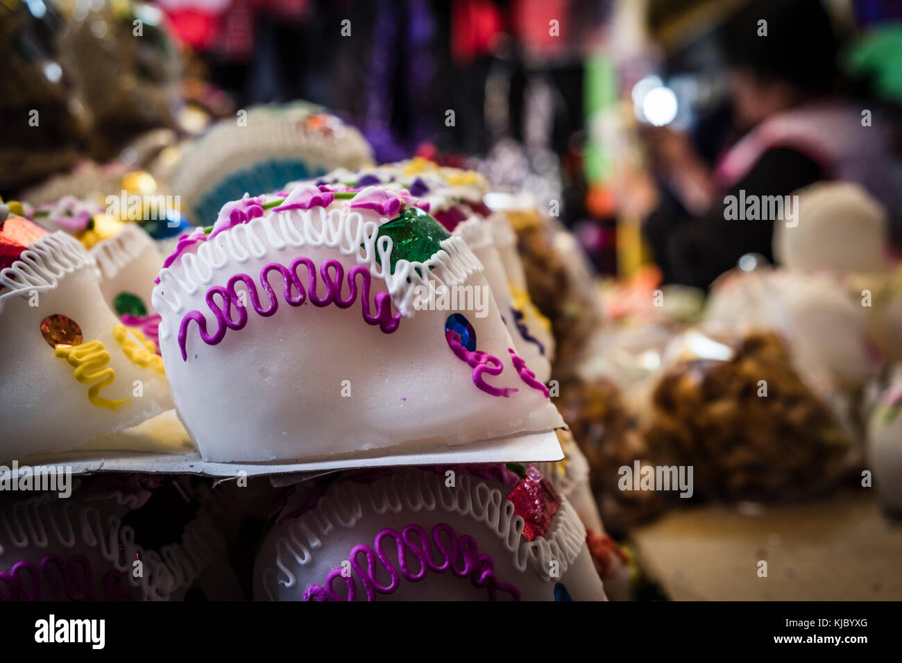 Calaveras de azucar, Mercado de San Angel, Dia de muertos. Sugar Skulls. Mexico City Stock Photo