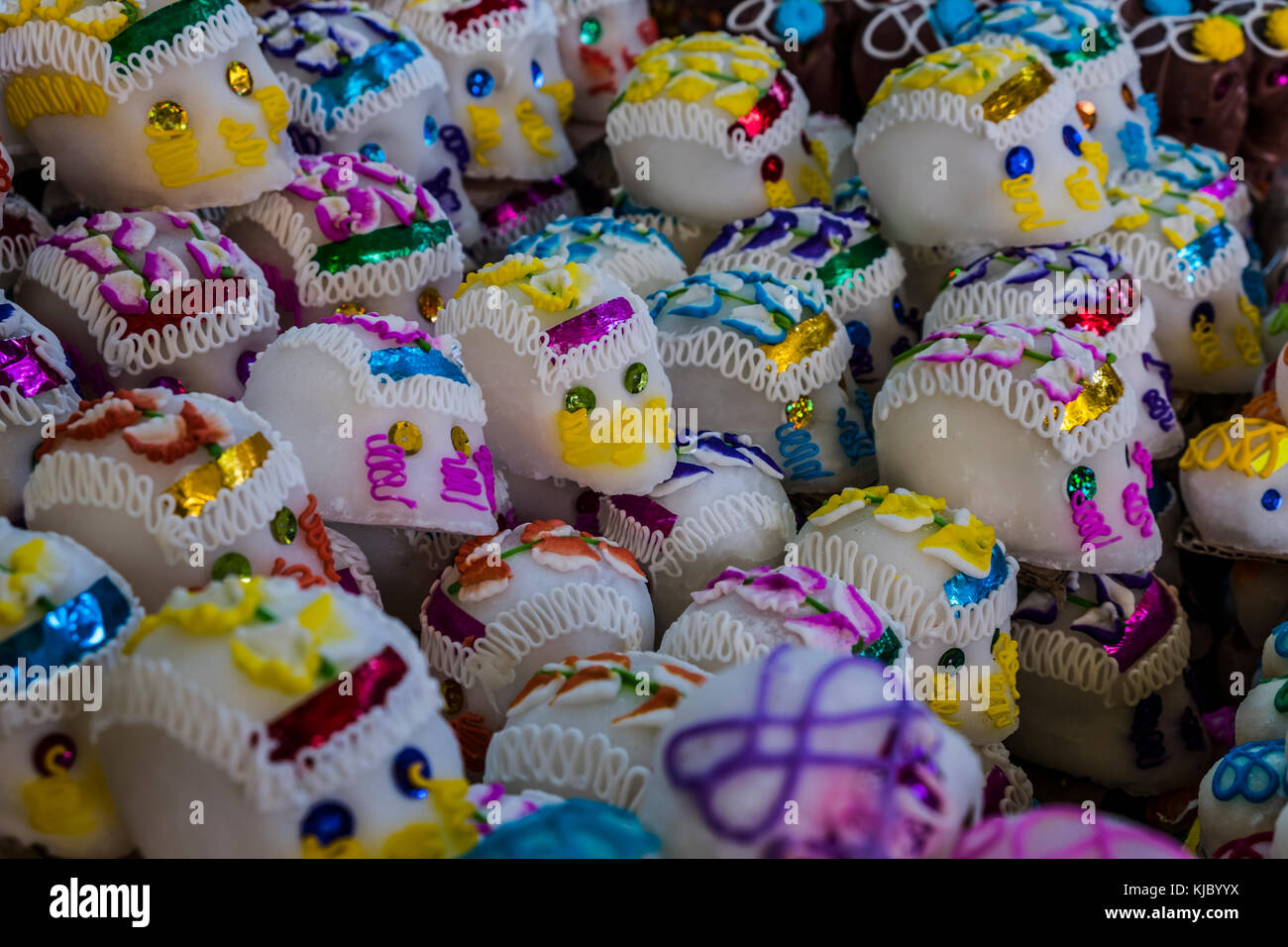 Calaveras de azucar, Mercado de San Angel, Dia de muertos. Sugar Skulls. Mexico City Stock Photo