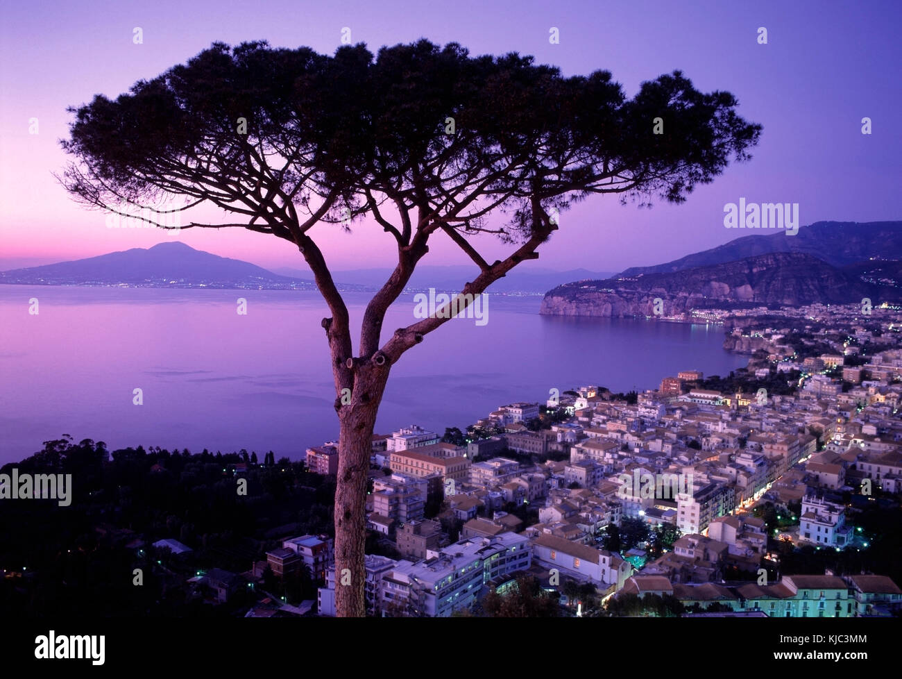 Bay of Naples with Mt. Vesuvius in background viewed over Sorrento at dusk, Campania, Italy. Stock Photo