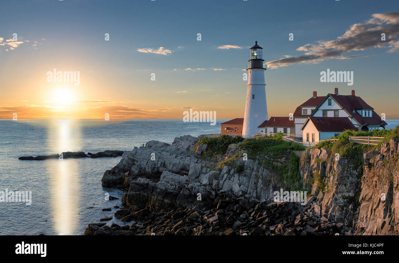 Sunrise at Portland Head Lighthouse Stock Photo