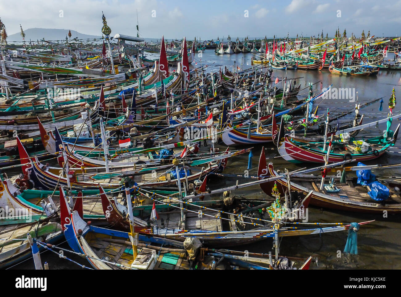 Traditional fishing boat in Muncar harbor in Banyuwangi. Muncar is the one of the biggest fishing harbor in South East Asia and Indonesia. Stock Photo