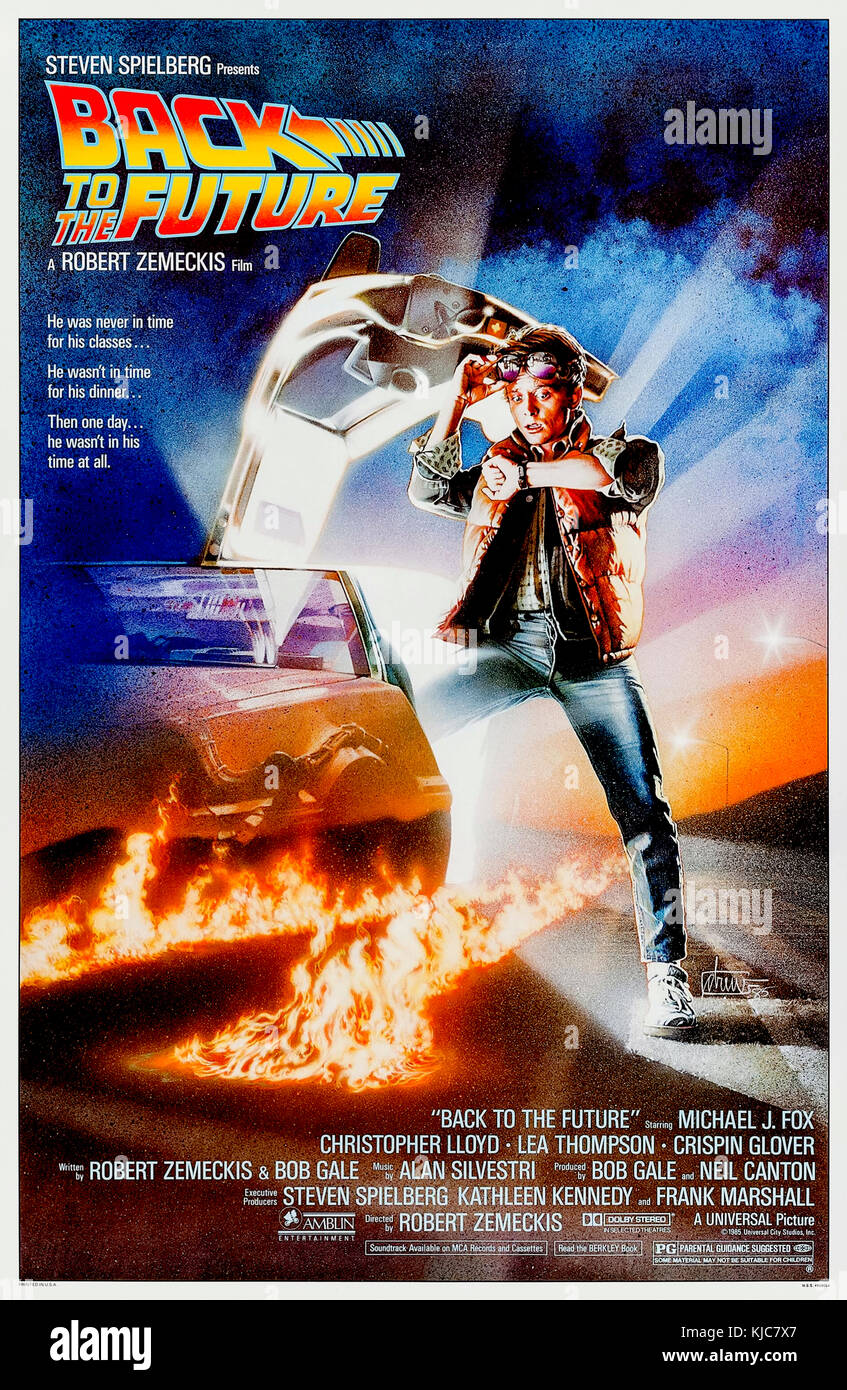 Back to the Future (1985) directed by Robert Zemeckis and starring Michael J. Fox, Christopher Lloyd and Lea Thompson. Marty McFly tries to get back from 1955 in a time traveling DeLorean modified by Doc Brown. Stock Photo