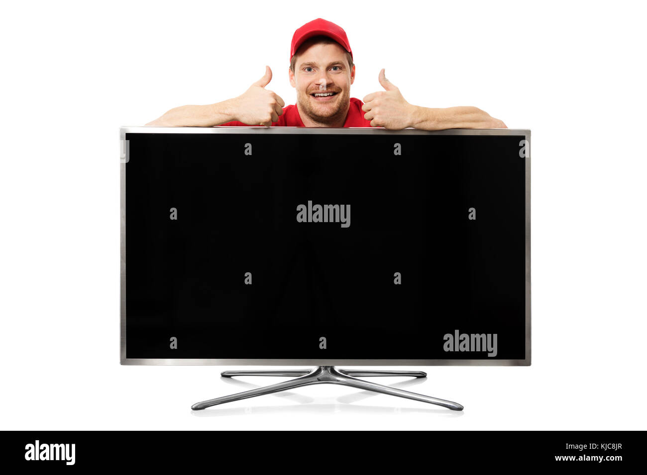 big blank tv and smiling man with thumbs up isolated on white background Stock Photo