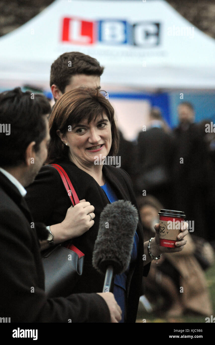 London, UK,  22/11/2017  Nicky Morgan MP Loughborough talks to the media on College Green oabout the budget. Stock Photo