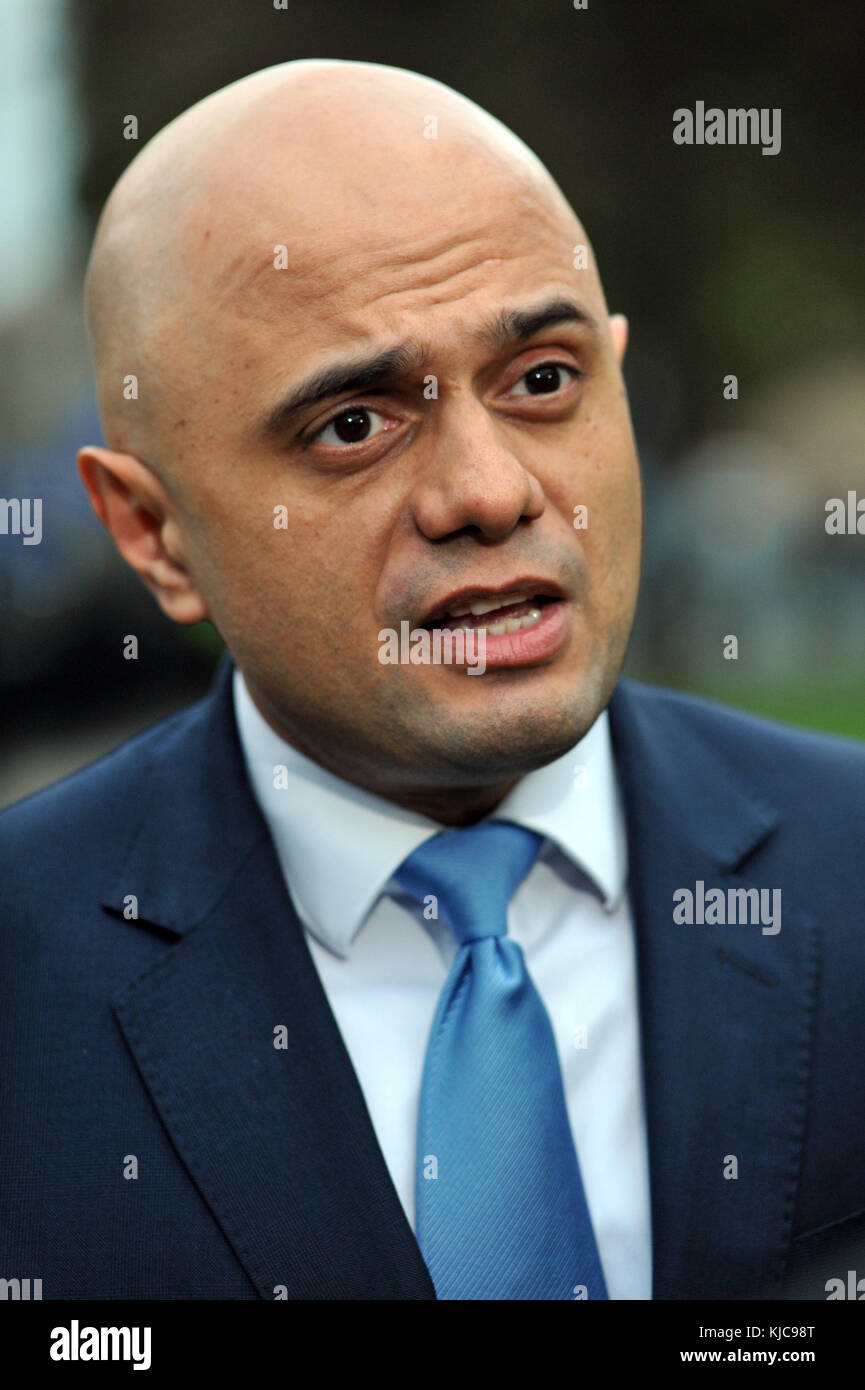 London, UK,  22/11/2017  Sajid Javid  talks to the media on College Green about the budget. Stock Photo