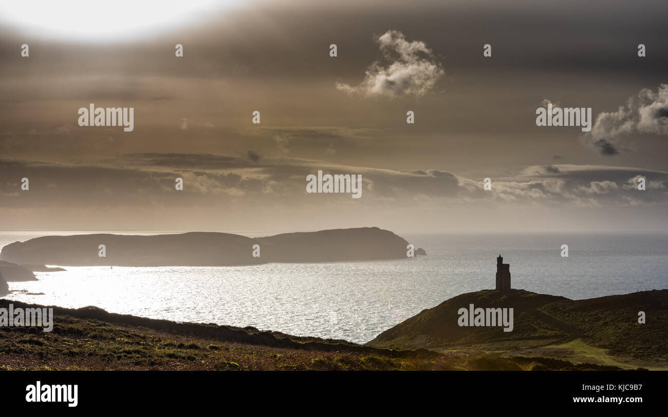 Bradda Head & Milner's Tower with Port Erin Bay & the Calf of Man in the background. Isle of Man. Stock Photo