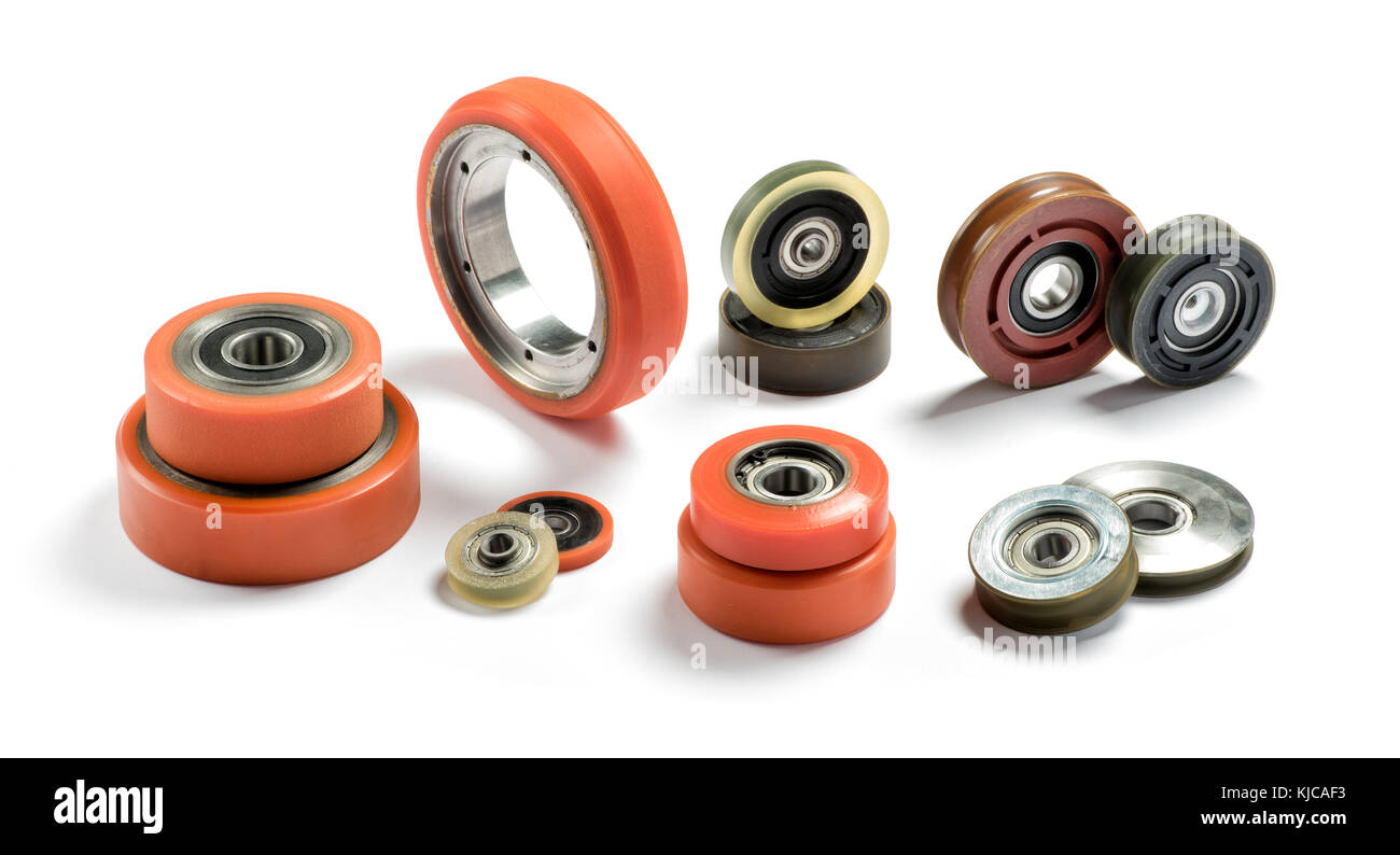 Set of bearings of different colors on white background in studio shot, viewed from high angle Stock Photo