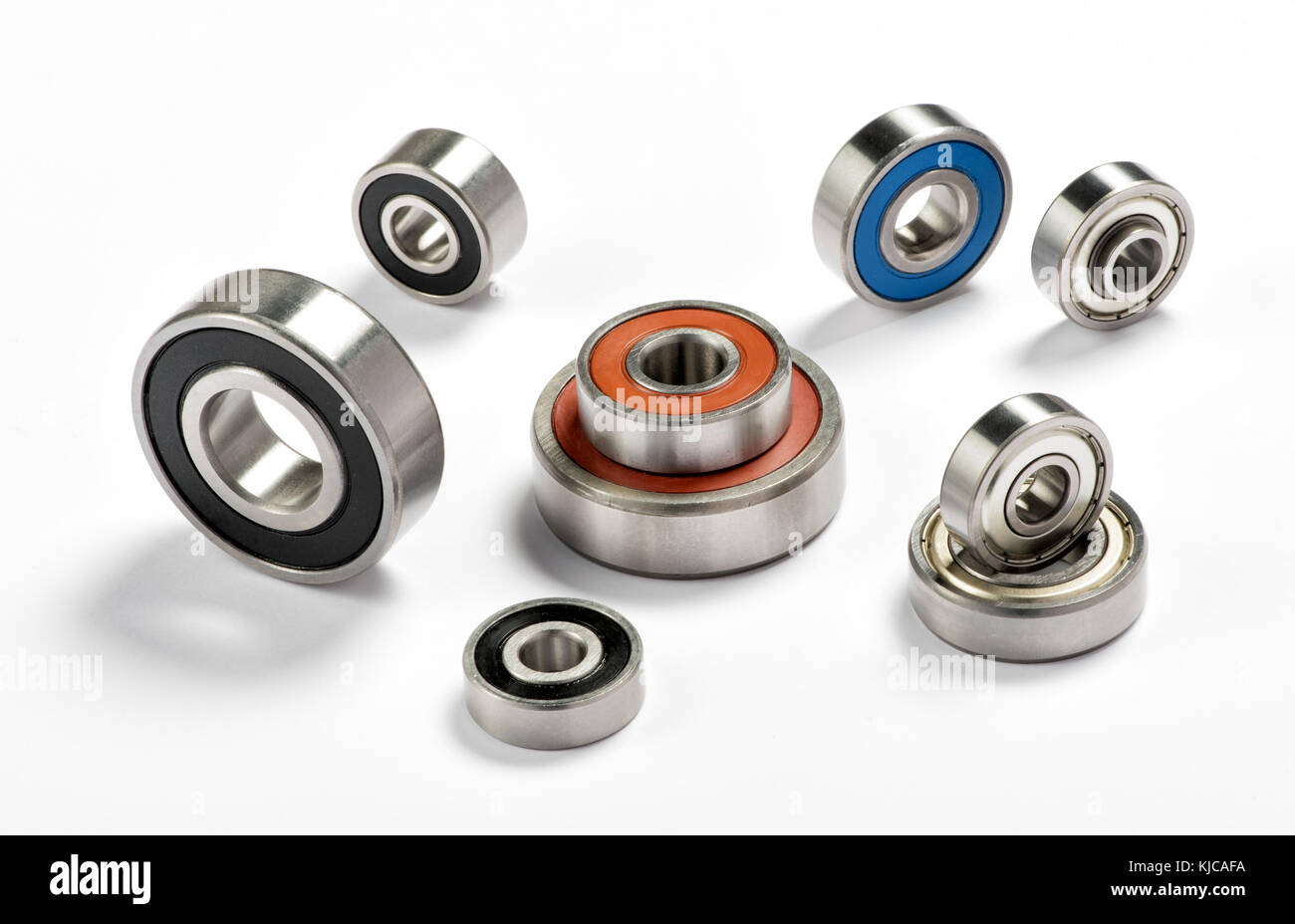 Set of metal bearings, close-up studio shot from high angle on white background Stock Photo