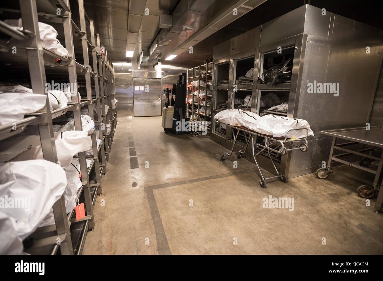 Tucson, Arizona - The morgue at the office of the Pima County Medical Examiner. Many of the corpses stored here are of unidentified migrants who died  Stock Photo
