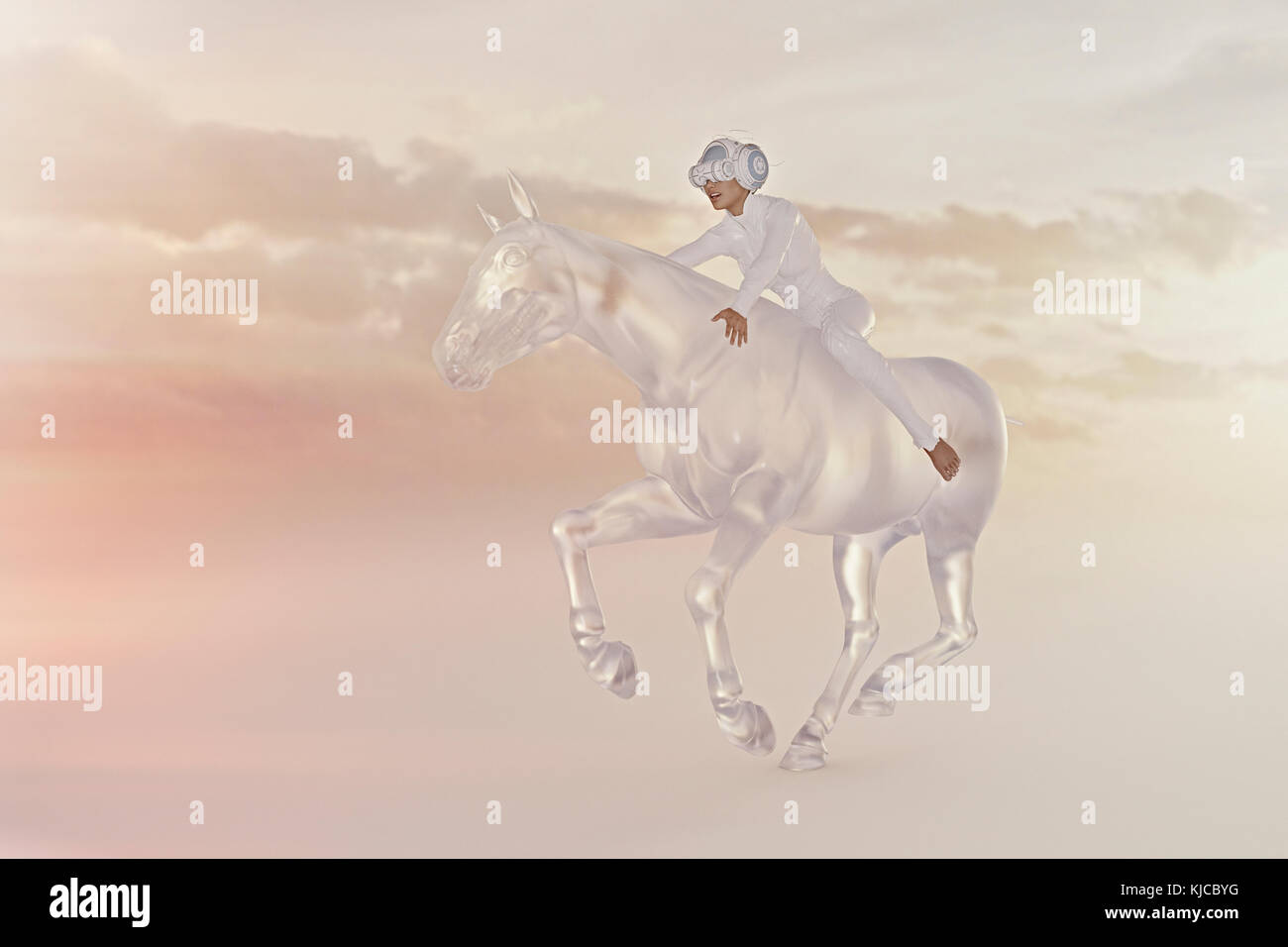 Woman wearing virtual reality goggles riding horse in sky Stock Photo