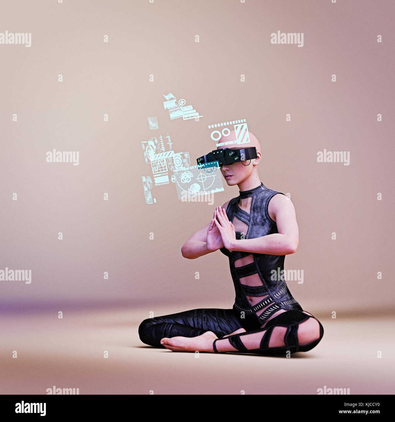 Woman wearing virtual reality goggles while meditating Stock Photo