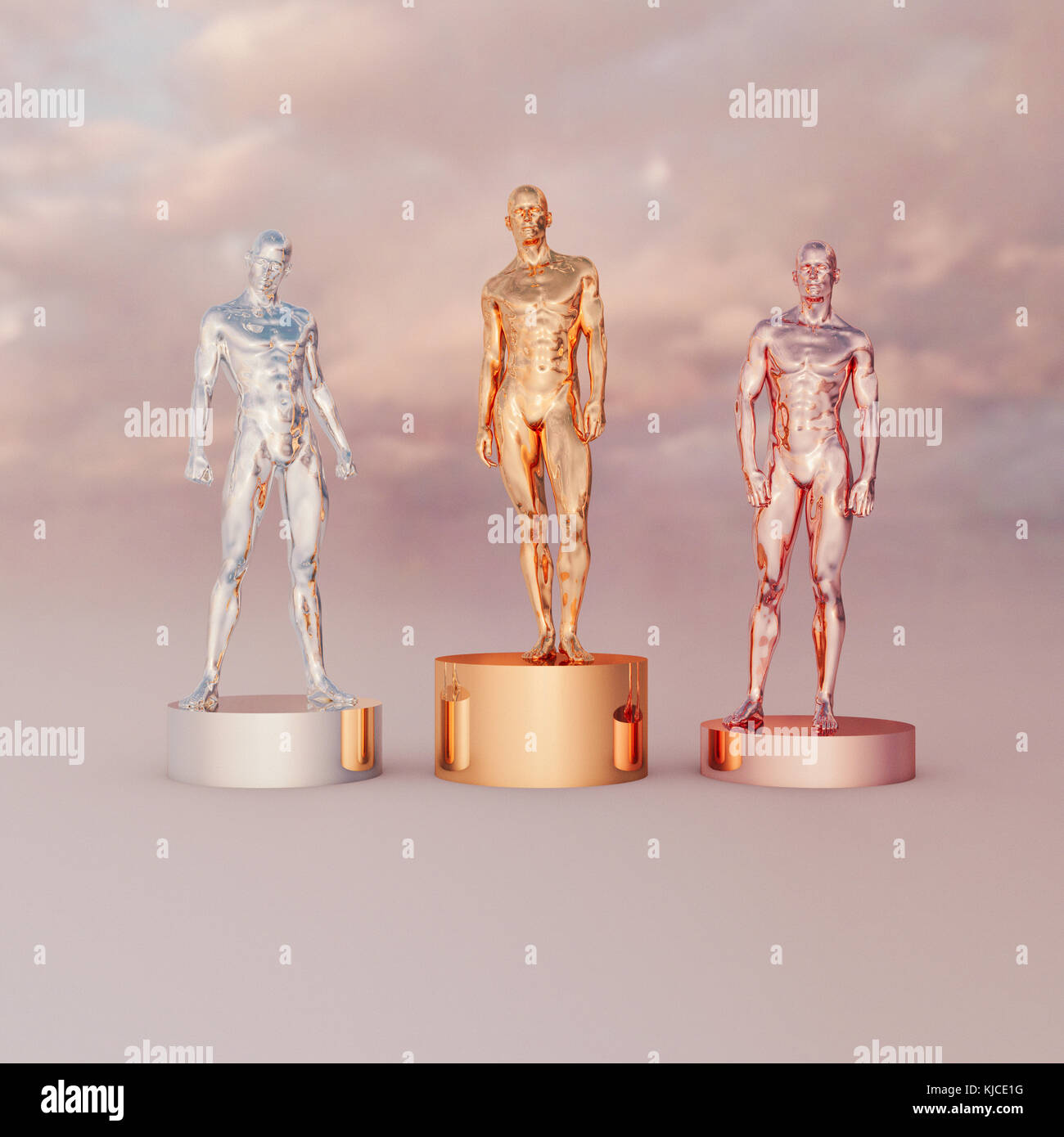 'Gold, silver and bronze men on pedestals' Stock Photo