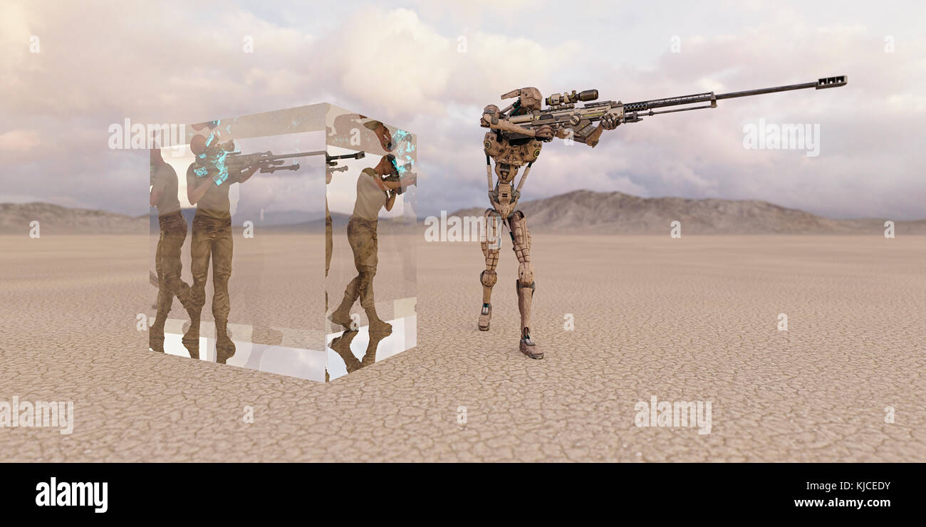 Futuristic soldiers in cube in desert near robot Stock Photo