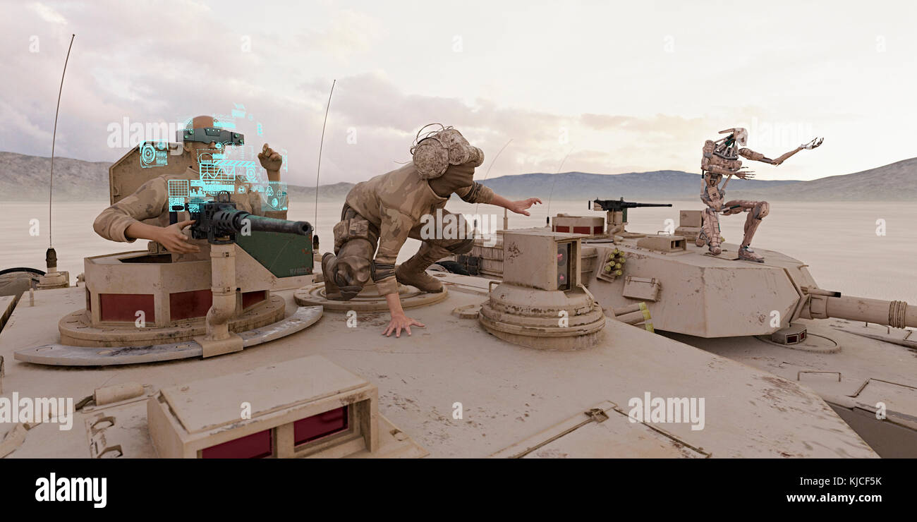 Soldiers and robot on tank wearing virtual reality goggles Stock Photo