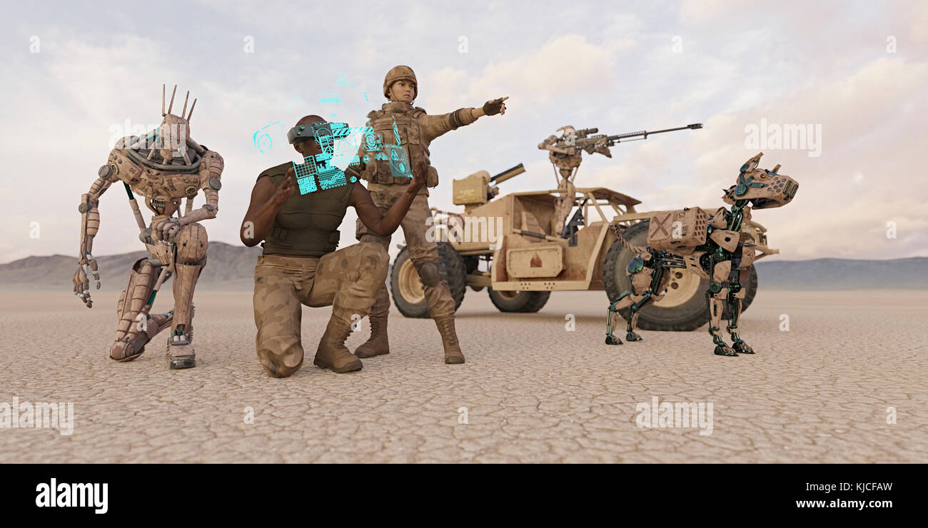Futuristic soldiers and robot dog in desert Stock Photo
