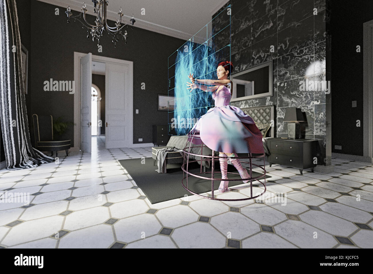 Woman wearing dress in bedroom using virtual screen Stock Photo