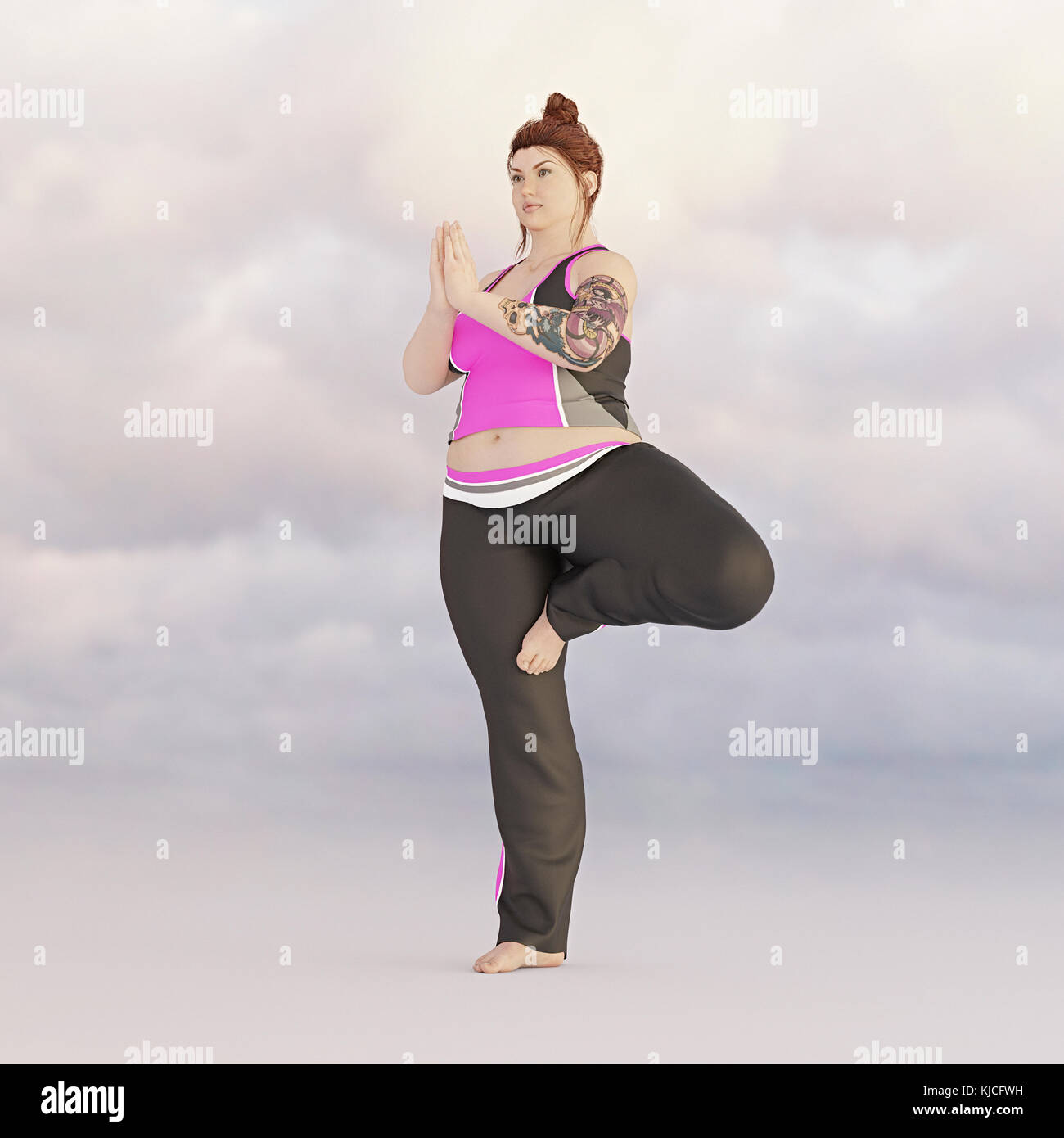 Overweight woman performing yoga in sky Stock Photo