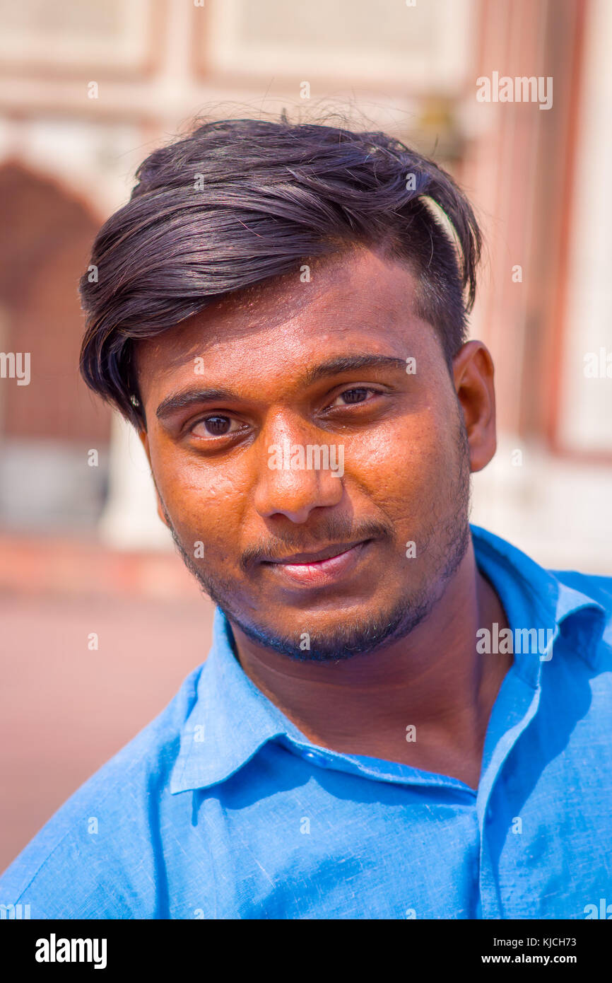 Amber, India - September 19, 2017: Portrait of an unidentified Indian man wearing a blue t-shirt on the streets of Amber, India Stock Photo