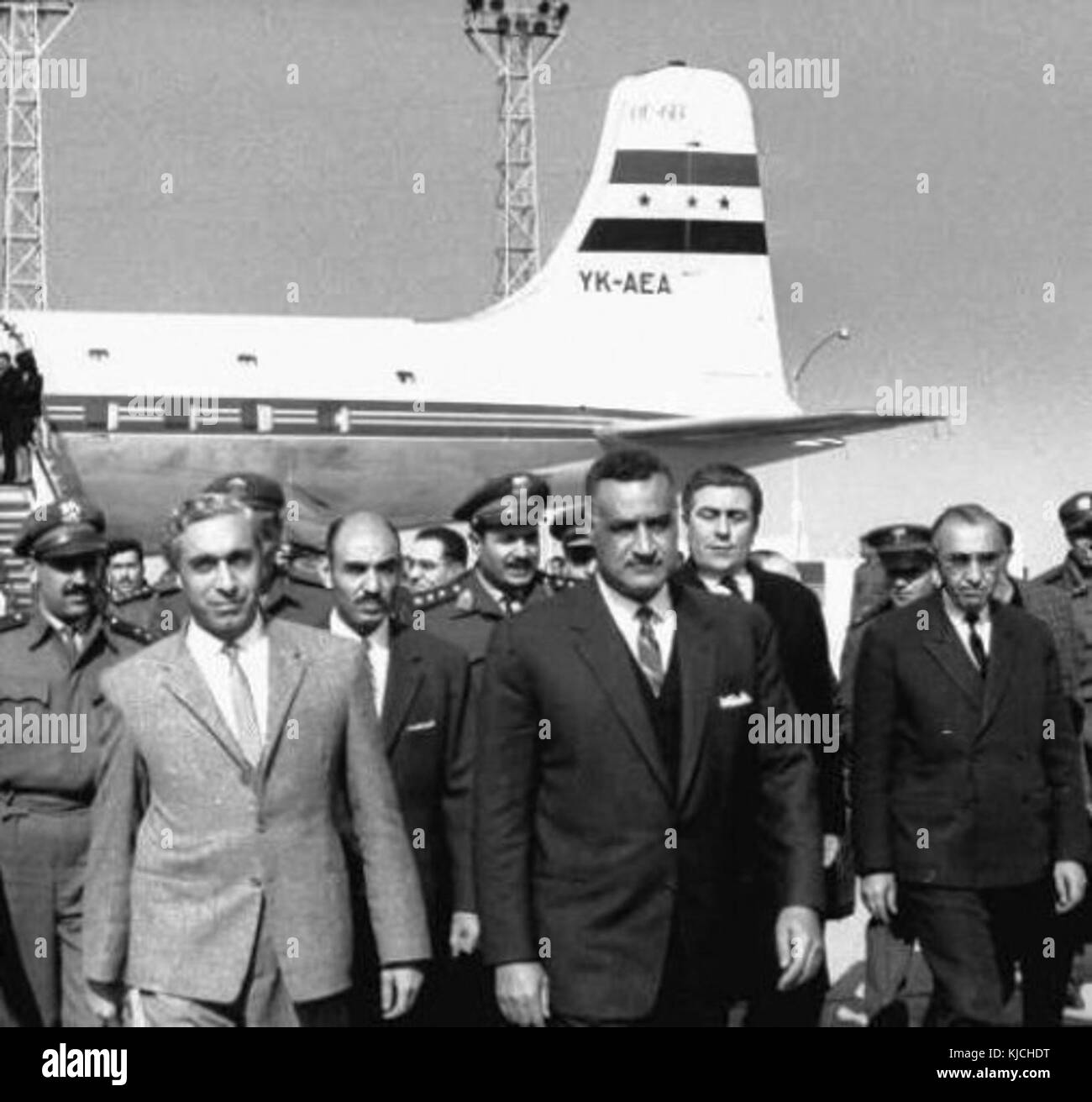 President Amin al Hafez at Cairo Airport in August 1963 being greeted by President Gamal Abdul Nasser Stock Photo