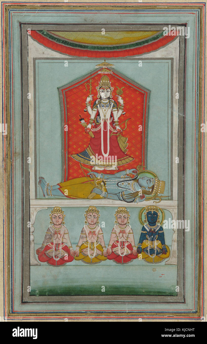 Devi standing, with a four armed Shiva prostrating, 19th century Stock ...