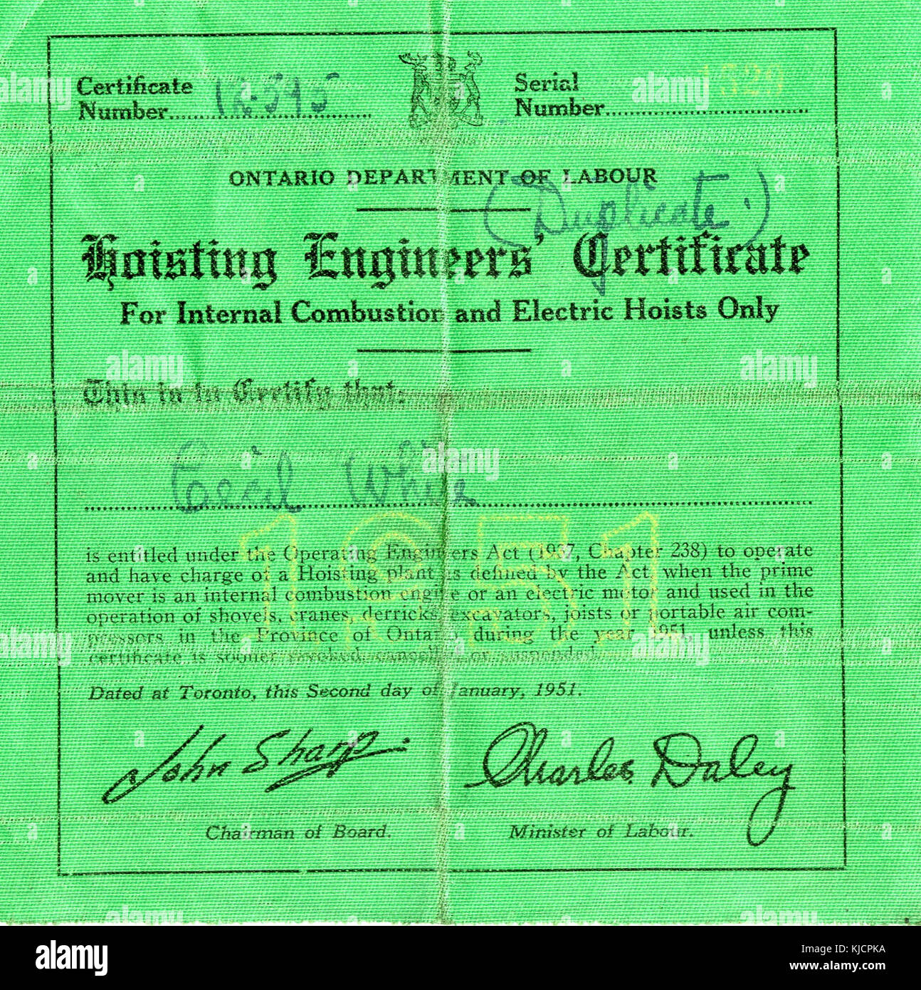 Hoisting Engineers Certificate 1951 Stock Photo Alamy