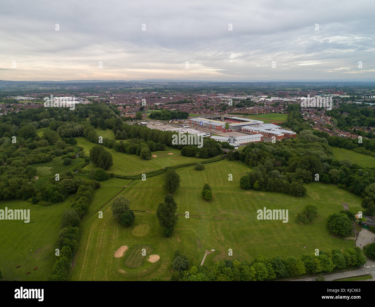 Aerial View Of Leigh Sports Village With Morrisons Supermarket And Holiday Inn Express in Leigh, Greater Manchester, England, UK Stock Photo