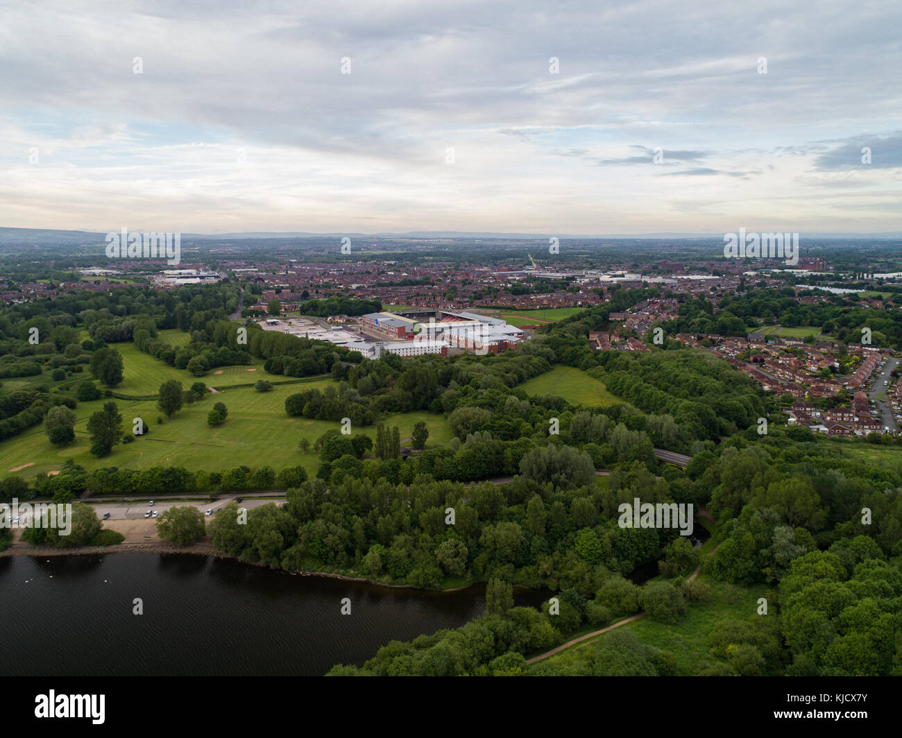 Aerial View Of Leigh Sports Village With Morrisons Supermarket And Holiday Inn Express in Leigh, Greater Manchester, England, UK Stock Photo