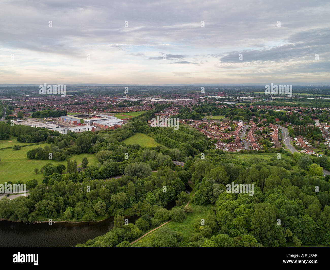 Aerial View Of Leigh Sports Village With Morrisons Supermarket And Holiday Inn Express in Leigh, Greater Manchester, England, UK Stock Photo