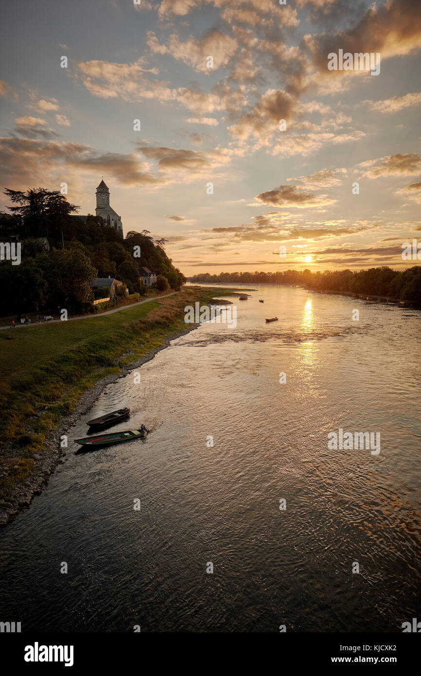 Saint Florent Le Vieil on the Loire River at sunset in France Stock Photo