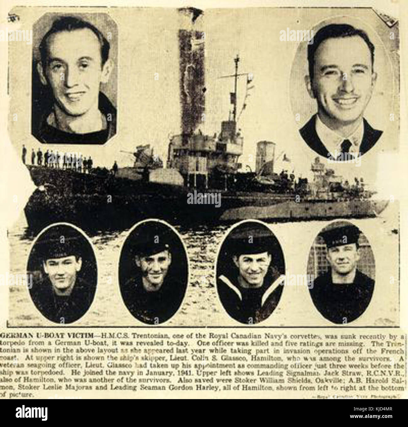 Newspaper article about the sinking of the HMCS Trentonian Stock Photo