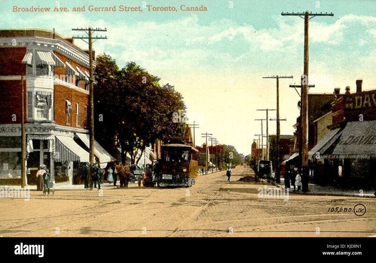 The intersection of Broadview Avenue and Gerrard Street in Toronto, Canada, is a well-known area in the city, featuring a mix of residential, commercial, and recreational spaces. It is a hub for local businesses and services. Stock Photo