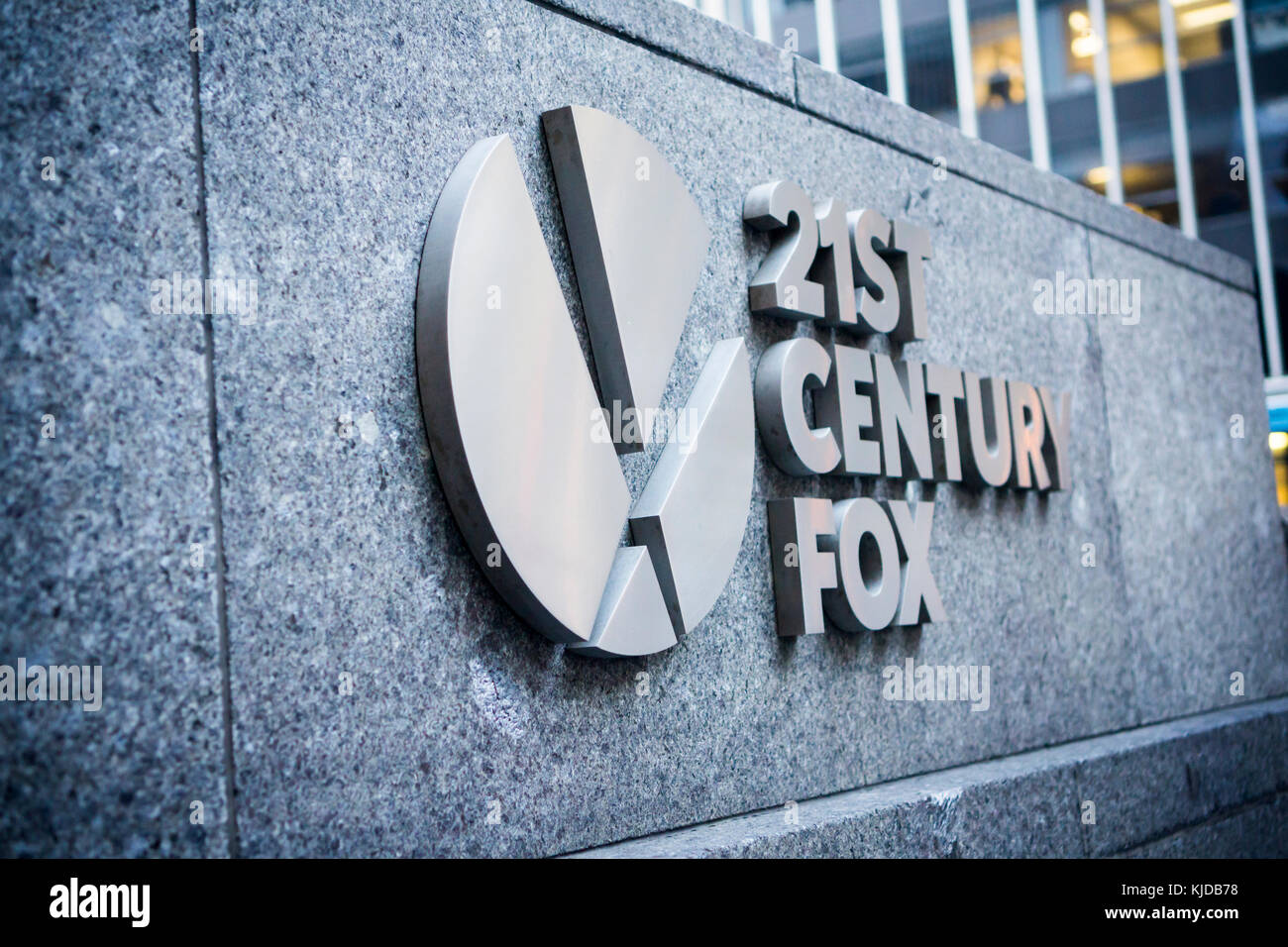 The 21st Century Fox logo on the News Corp. headquarters in Midtown Manhattan in New York on Friday, November 17, 2017. After Disney has been reported to be interested in buying 21St Century Fox from News Corp., Comcast, Verizon Communications and Sony Pictures Entertainment are also reported to be making overtures. (© Richard B. Levine) Stock Photo