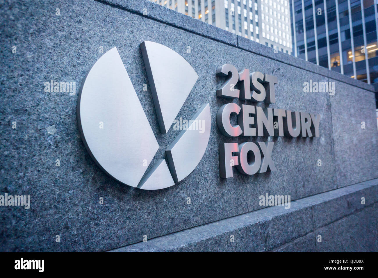 The 21st Century Fox logo on the News Corp. headquarters in Midtown Manhattan in New York on Friday, November 17, 2017. After Disney has been reported to be interested in buying 21St Century Fox from News Corp., Comcast, Verizon Communications and Sony Pictures Entertainment are also reported to be making overtures. (© Richard B. Levine) Stock Photo