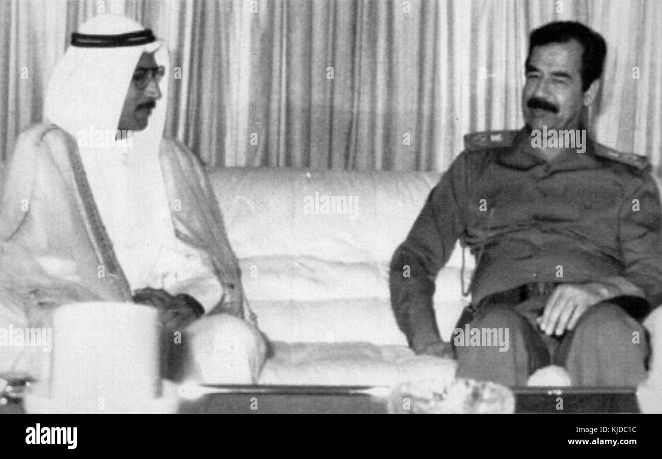 Kuwaiti Prime Minister Alaa Hussein Ali 1990 with Iraqi President Saddam Hussein Stock Photo