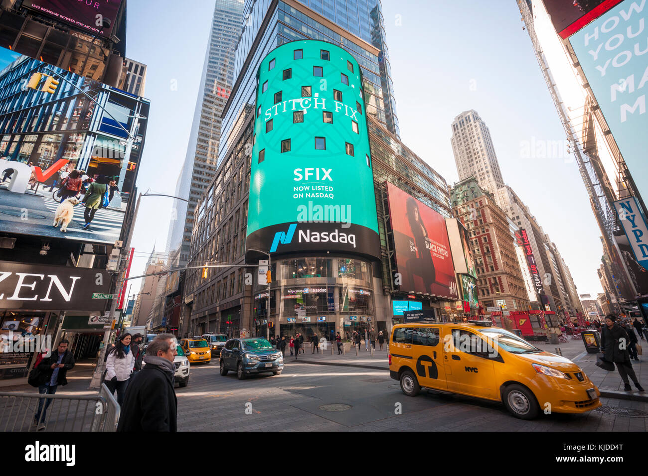 The video screen of the Nasdaq exchange in New York  displays advertising for the first day of sale of the Stitch Fix initial public offering on Friday, November 17, 2017. The opening price of $16.90 values Stitch Fix at about $1.63 billion. Stitch Fix is a subscription box service providing customers monthly shipment of clothing based on their style preferences. Subscription services suffer from the high cost of obtaining and retaining customers. (© Richard B. Levine) Stock Photo