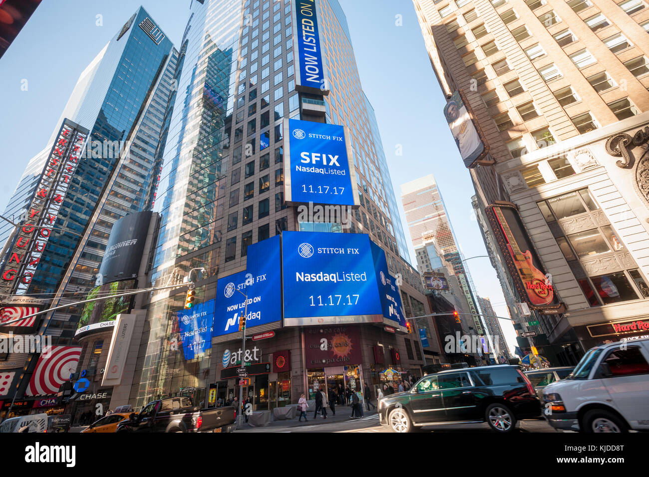 Video screens in Times Square display advertising for the first day of sale of the Stitch Fix initial public offering on the Nasdaq exchange on Friday, November 17, 2017. The opening price of $16.90 values Stitch Fix at about $1.63 billion. Stitch Fix is a subscription box service providing customers monthly shipment of clothing based on their style preferences. Subscription services suffer from the high cost of obtaining and retaining customers. (© Richard B. Levine) Stock Photo