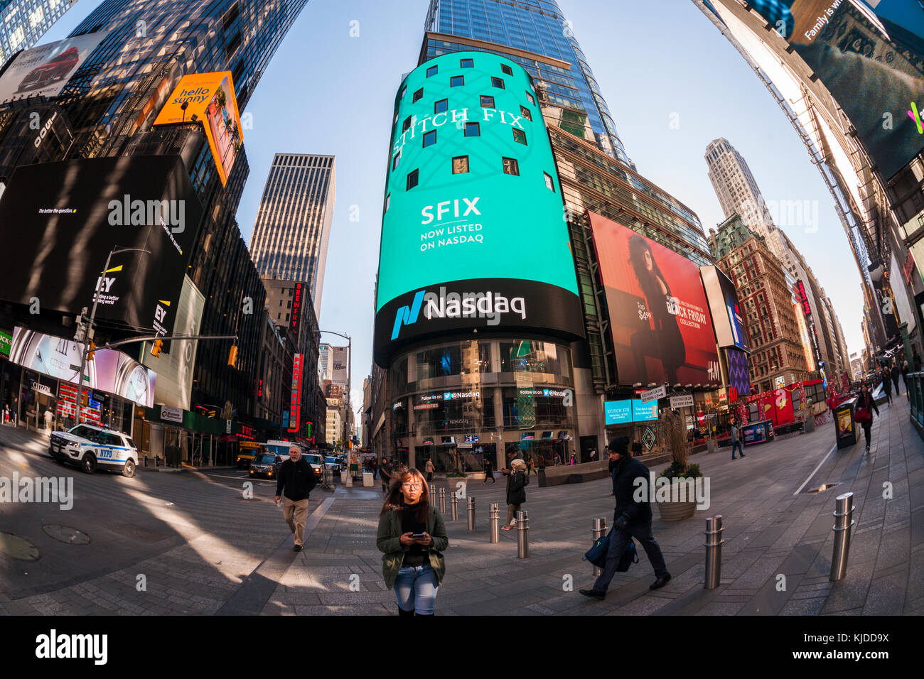 The video screen of the Nasdaq exchange in New York  displays advertising for the first day of sale of the Stitch Fix initial public offering on Friday, November 17, 2017. The opening price of $16.90 values Stitch Fix at about $1.63 billion. Stitch Fix is a subscription box service providing customers monthly shipment of clothing based on their style preferences. Subscription services suffer from the high cost of obtaining and retaining customers. (© Richard B. Levine) Stock Photo