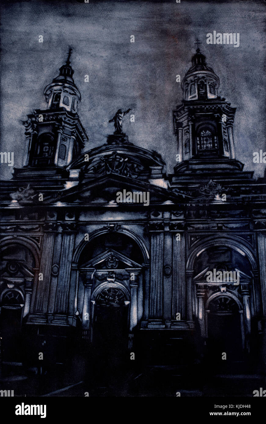 Watercolor painting of the neo-classical facade of the Cathedral on the Plaza de Armas in Santiago, Chile Stock Photo
