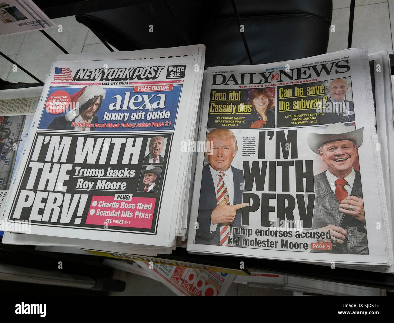 New York tabloid newspapers on Wednesday,November 22, 2017 use the same catchphrase in their reporting of President Donald Trump supporting Roy Moore in his bid for Alabama senator. Moore has been dogged by allegations they he preyed on teenage girls when he was younger. (© Richard B. Levine) Stock Photo